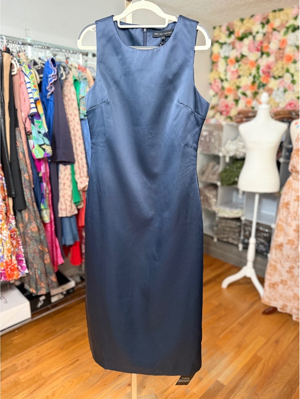 ENGLISH FACTORY Satin Sleeveless Midi Dress Navy M NWT